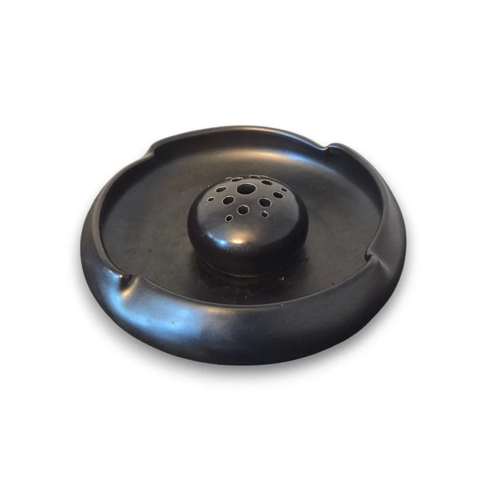 Vintage Ikebana Black Ceramic Japanese Floral Arrangement Dish Vase w/ Frog 7''